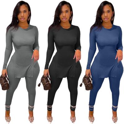 China Other 2021 Falls Wholesale Plus Size Women's Casual Lounge Wear Suits Fashion Set Round Neck Two Piece Pant Suit for sale