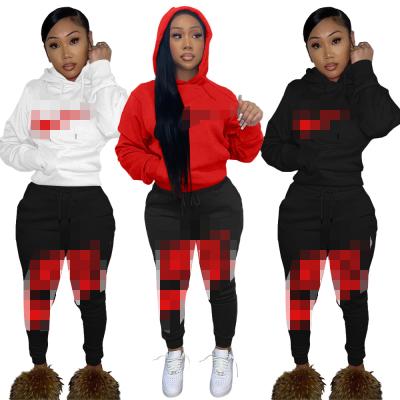 China 2021 Fashionable Hot Viable Terry Autumn Women Winter Hooded Sweatshirt Sporty Jogging Set Printed Hoodie Tracksuit Two Piece Sets for sale