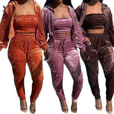 China Other Velvet Tube Top Pants Set Suits 2021 Autumn Solid Women's Casual Hoodie Drawstring Three Piece Pants Set for sale