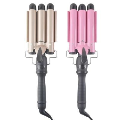 China Electric PTC Heater And LCD Temperature Display Curling Iron Pink Three Barrels Deep Wave 25mm Professional Magic Hair Curler for sale