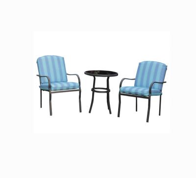 China Modern Factory Wholesale Garden Furniture Patio Sets 3pc Bistro Sets Smoke Tempered Glass Table Cushion Chair for sale