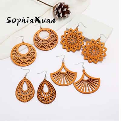 China SophiaXuan Hawaiian Exaggerated Geometric Round Wooden Earrings Shape Wooden Earrings Hawaiian Wholesale for sale