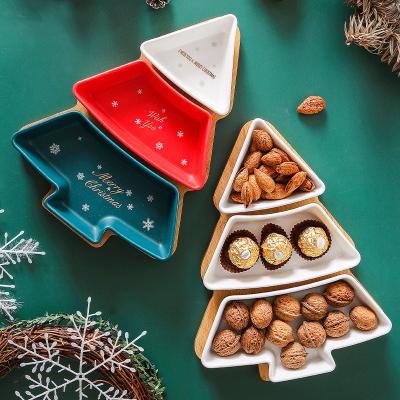 China Stocked Ceramic Christmas Decoration Tree Cake Snack Plates Sets for sale