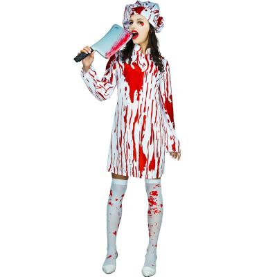 China Scary Bloody Chef Costume Halloween Butcher Role Play Costume Performance Clothing Cosplay Fancy Dress For Women for sale