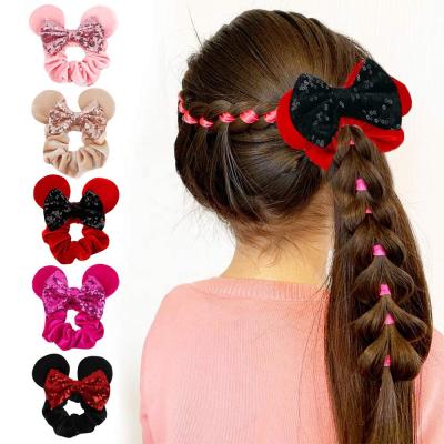 China 2021 Popular Daily Use Women's Hair Bow Velvet Scrunchie Mouse Ear Sequins Bow Elastic Mickey Scrunchie Hair Tie For Girls for sale