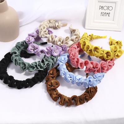 China Fashional Lady New Designer Korean Lovely Headband Pure Color Pleated Soft Satin Fabric Headband Headband For Women Girls for sale