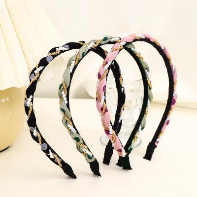 China Braided Headband Elegant Wedding Headbands Adult Hair Accessories Fabric Flower Pearl Beaded Chain Thin Wrap Handmade for sale