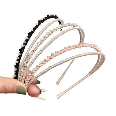 China Simple Elegant Wedding Crystal Rhinestone Korea Pearl Headband Double Layer Handmade Pearl Braided Headband For Women for sale