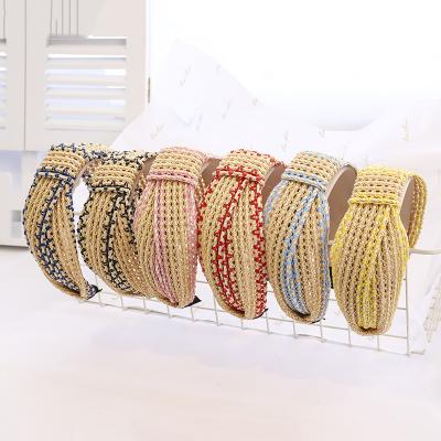 China Fashion Custom Summer PP Straw Braided Hair Band Headband Handmade Cross Knot Headband For Adult Women for sale