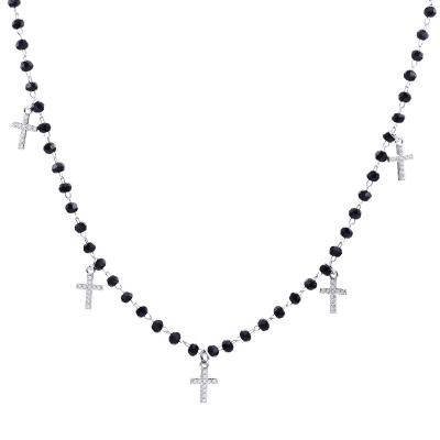 China Fashion Cross Necklace Pendant With Long Black Pearl Bead Chain Necklace For Jewelry Woman Couples Necklace for sale