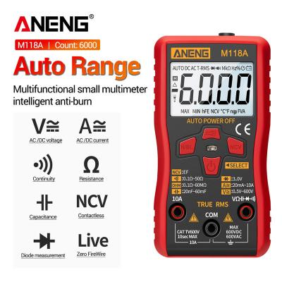 China ANENG M118A Digital Mini Multimeter Tester Auto Mmultimetro RMS Tranistor True Meter with NCV Data Hold 6000counts Flashlight M118A Digital Mini Multimeter for sale