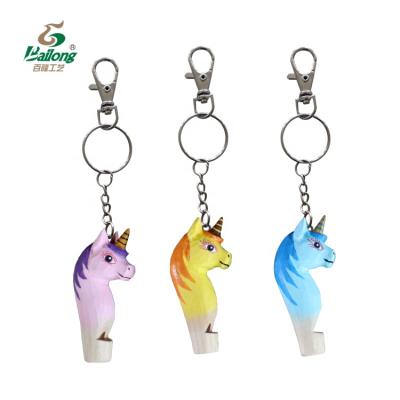 China Everybody Professional Factory Carved Wooden Unicorn Shaped Keychains With Whistle for sale