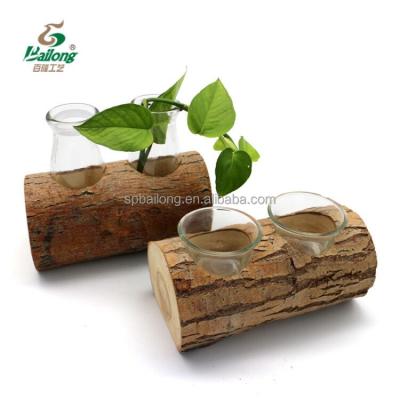 China Real Natural Wood With Back Eco-Friendly Indoor Outdoor Natural Wood Glass Planter Garden Home Decoration Tree Bark Glass Flower Pot for sale