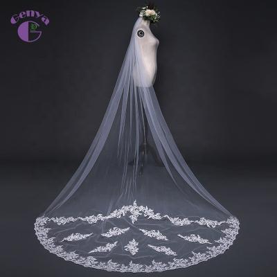 China Soft Touch GENYA Bridal Hair Accessories Lace Up Long Mantilla Sequins Veil Design Wedding Veils With Comb for sale