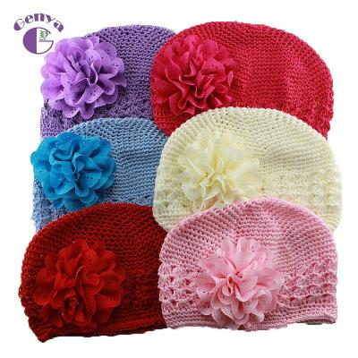 China Character Fashion Crochet Beanies Infant Baby Knitted Hat With Handmade Hollow Fabric Flower for sale