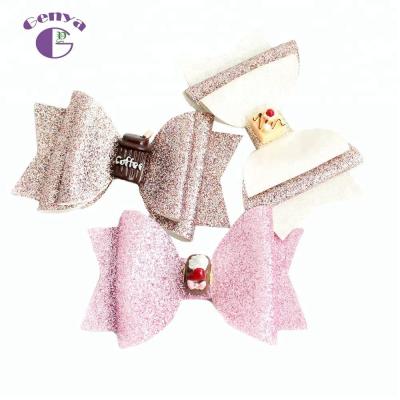 China Glitter Genya Leather Food Cake Shaped Glitter Hair Bow Coffee Toddler Hair Clips Bread Shaped Hair Accessories for sale