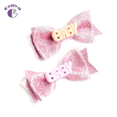 China New Genya Sparkle Glitter Hair Bow Photo Prop Hair Accessories Toddler Pink Leather Bows With BABY Letters for sale