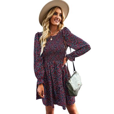 China Amazon Anti-Static Hot Sale Women Round Neck Floral Dress 2022 Winter Bottoming Soft Long Sleeve A Line Dresses for sale