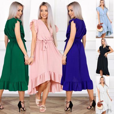 China 2023 Summer New Sleeveless V-Neckline Sexy Irregular Anti-static Mid-Length Casual Dress Ruffles Chiffon Ladies Dresses for sale