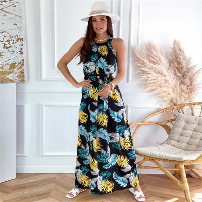 China 2023 Summer New Seaside Beach Retro Printing Dress Anti-static Halter Neck Dress Europe And American Plus Size Women's Clothing for sale