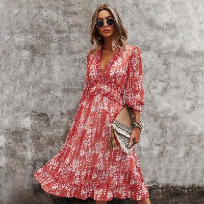 China 2023 New Sexy Deep V-Neckline Amazon Springs Simple Casual Printed Dress Plus Size Anti-static Women's Clothing for sale