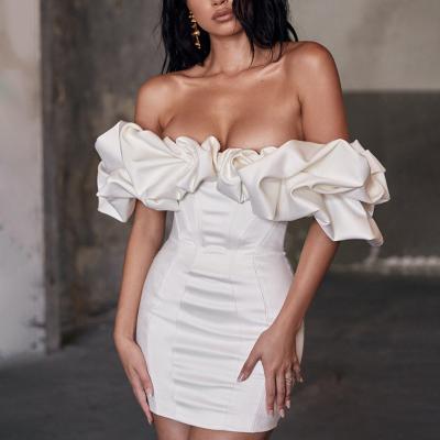 China 2022 new European and American anti-static high quality satin cocktail dress fish bone one shoulder ruffle one shoulder dresses women for sale