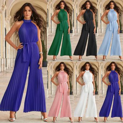 China Breathable Sexy Halter Overalls Sleeveless Pleated One-Piece Pants 2023 Summer New Wide-leg Female Lace-up Slim Pleated Pants for sale