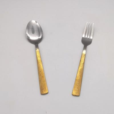 China CLASSIC Exquisite Gold Plated Kitchen Stainless Steel Tableware Laser Series Fork Soup Spoon Set of Two for sale