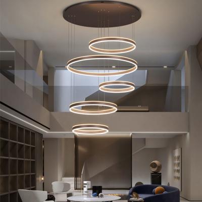 China Contemporary Customized High Ceiling Led Chandelier Circle LED Pendant Light Staircase Modern Nordic Aluminum Villa Blow Ring Lamp Big Large for sale