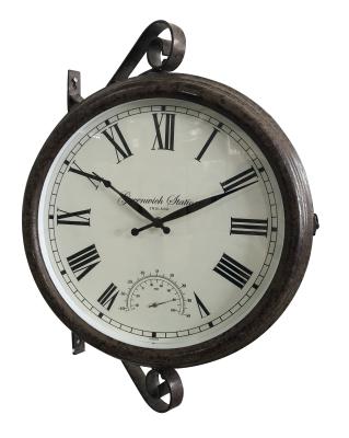 China Antique Vintage Style Metal Weather Station Outdoor Double Sided Clock Rustic Clock With Thermometer for sale