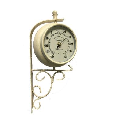 China Metal Double Station Antique Style Outdoor European Style Decorative Wall Clock With Thermometer for sale