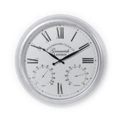 China CREATIVE Outdoor European Style Silver Color Decorative Metal Wall Clock with Hygrometer and Thermometer for sale