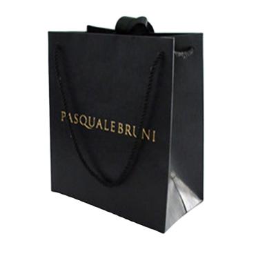 China Recyclable Logo Recycle Gift Printed Shopping Custom Printing Hot Foiled Black Paper Bag With Ribbon Handle Packaging Paper Bags for sale