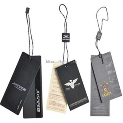 China Recyled Custom Own Brand Embossed Logo Seal Black Paper Hang Labels Watch Tag Shoes Apparel String Hang Tags for sale