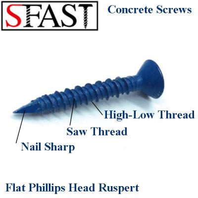 China Phillips Flat Head Flat Concrete Screws, Hi-Low Notched Thread, Diamond Paint Ruspert Blue 500/1000 Hour for sale