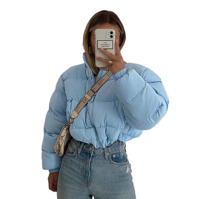 China Waterproof Women Crop Down Filled Jackets Bubble Blue Cropped Bomber Stripper Jacket for sale