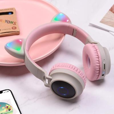 China Cute Wireless Earphone Cat Ear BT5.0 LED Light and Volume Control Support FM Radio TF Card 3.5mm Plug With MIC for sale