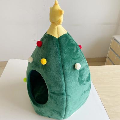 China Sustainable Modern Trend Christmas Pet Room Faux Polyester Fur Tree Shape Luxury Pet Bed Dog Cat Sleeping Pet House With Cushion for sale