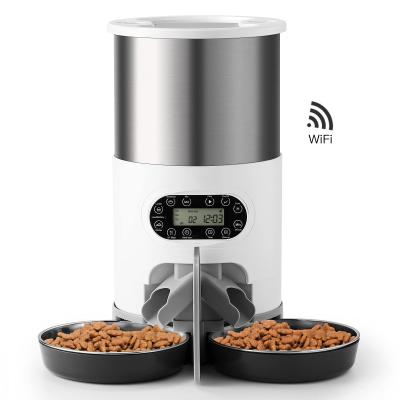 China Sustainable Cat Feeder Pets Dry Food Dispenser Automatic Double Rolls Puppy Feeding Bowl With Wifi Sync Feeding for sale