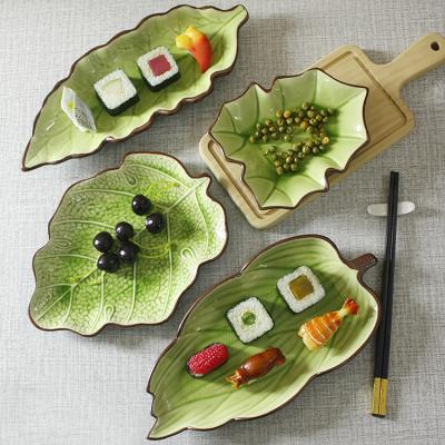 China Sustainable Creative Unique Maple Leaf Shape Salad Fruit Dessert Plate Ceramic Serving Dish for sale