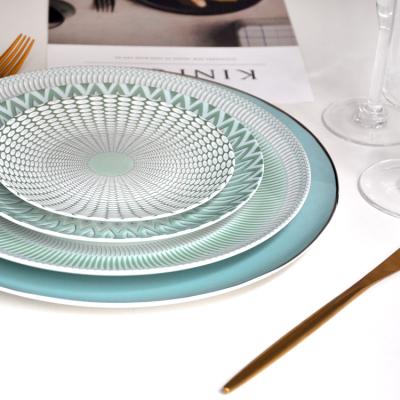 China Sustainable Fine Bone China Ceramic Green Willow Design Customized Modern Dishes For Restaurant for sale