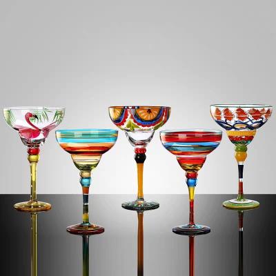 China New classic/postmodern hand drawing cocktail goblet fancy colored glass creative wine glass for sale