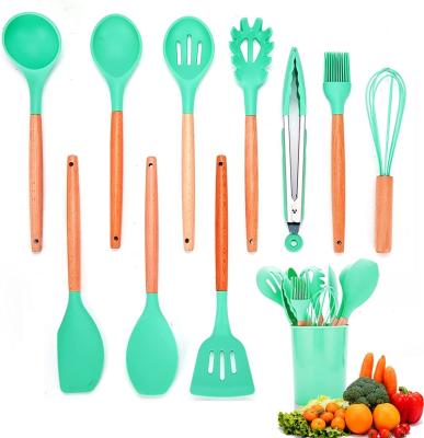 China Viable Set 11 Pcs With Stand Silicone Heat Resistant Cookware Set Non-Toxic Safe Cooking Wooden Tools Handles Cookware Silicone for sale