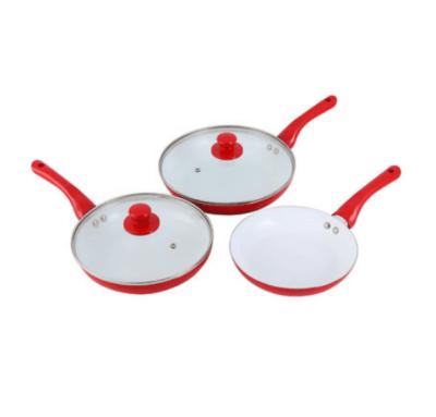 China Sustainable set of 5 fry pans with glass lids; Double Layer Coating Ceramic Red Nonstick Frying Pan Set for sale