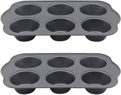 China 2 Sets Durable Large 6 Cup Round Cake Tin Cupcake Non-Stick Roll Tray Baking Trays for sale