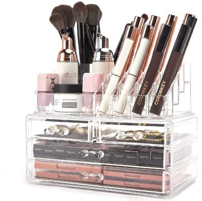 China Sustainable acrylic makeup case includes 4 drawers and 2 piece set, clear makeup storage organizer for sale