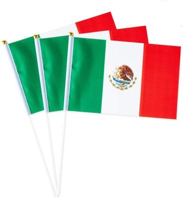 China Event Wholesale Promotion Mini FLYING Flag With Flagpole 14*21cm 100% Polyester Customs Hand Printing Mexican Flag for sale