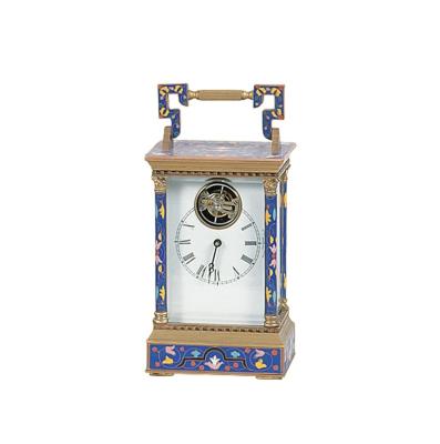 China Class 18th French Vintage Antique Floral Blue Cloisonne Brass Enamel Case 8 Day Repeater Carriage Travel Tourbillon Movement Clock for sale