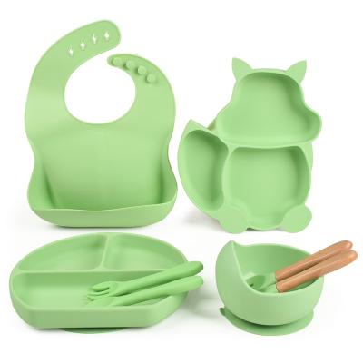 China Soft material Baby Complementary Food Silicone Tableware Set Children Sucking Bowl Dinner Plate BIB Fork Spoon Cup Suit for sale