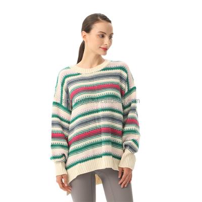 China Anti-Shrink Women Crew Neck Pullover Loose Sweater Women Knitted Stripe Sweater Drop Shoulder Sweater for sale